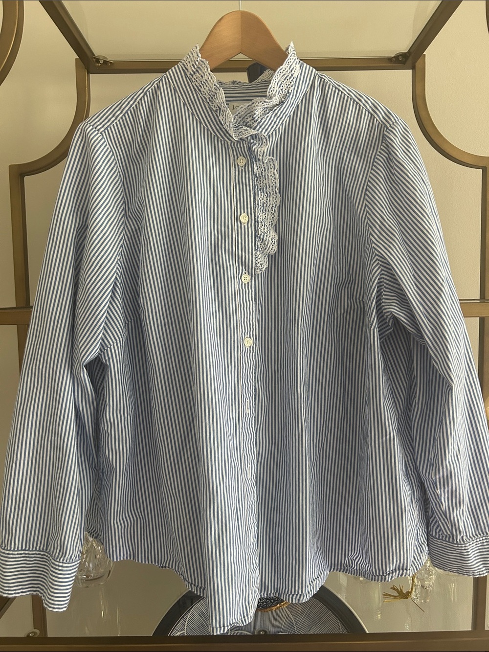 Blue & White Striped Button-Down Shirt with Lace Trim